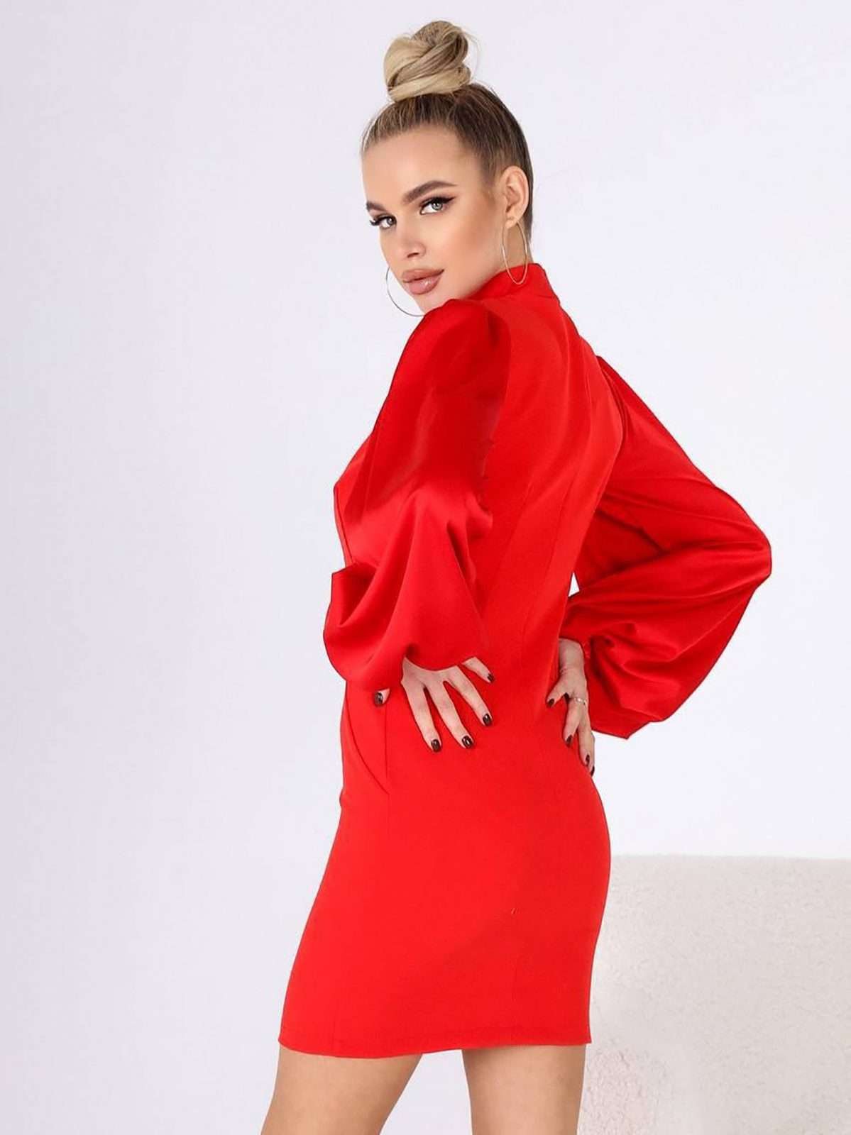 Mock Neck Puffed Satin Sleeve Body-con Mini Dress - Image 16