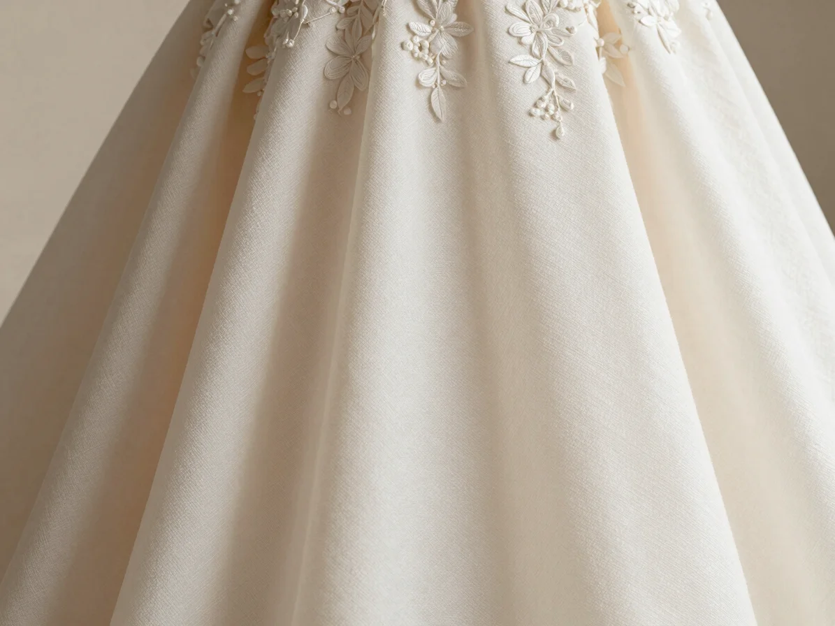 Close-up fabric weave of a bespoke wedding gown showing intricate textile detail and soft natural light