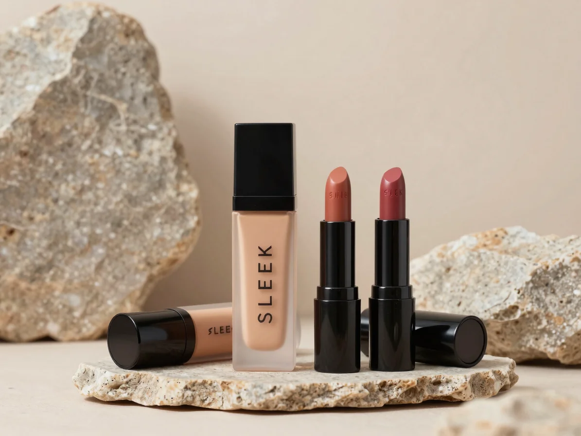 Sleek clean cosmetic packaging for matte foundation and vegan lipsticks against a serene stone backdrop