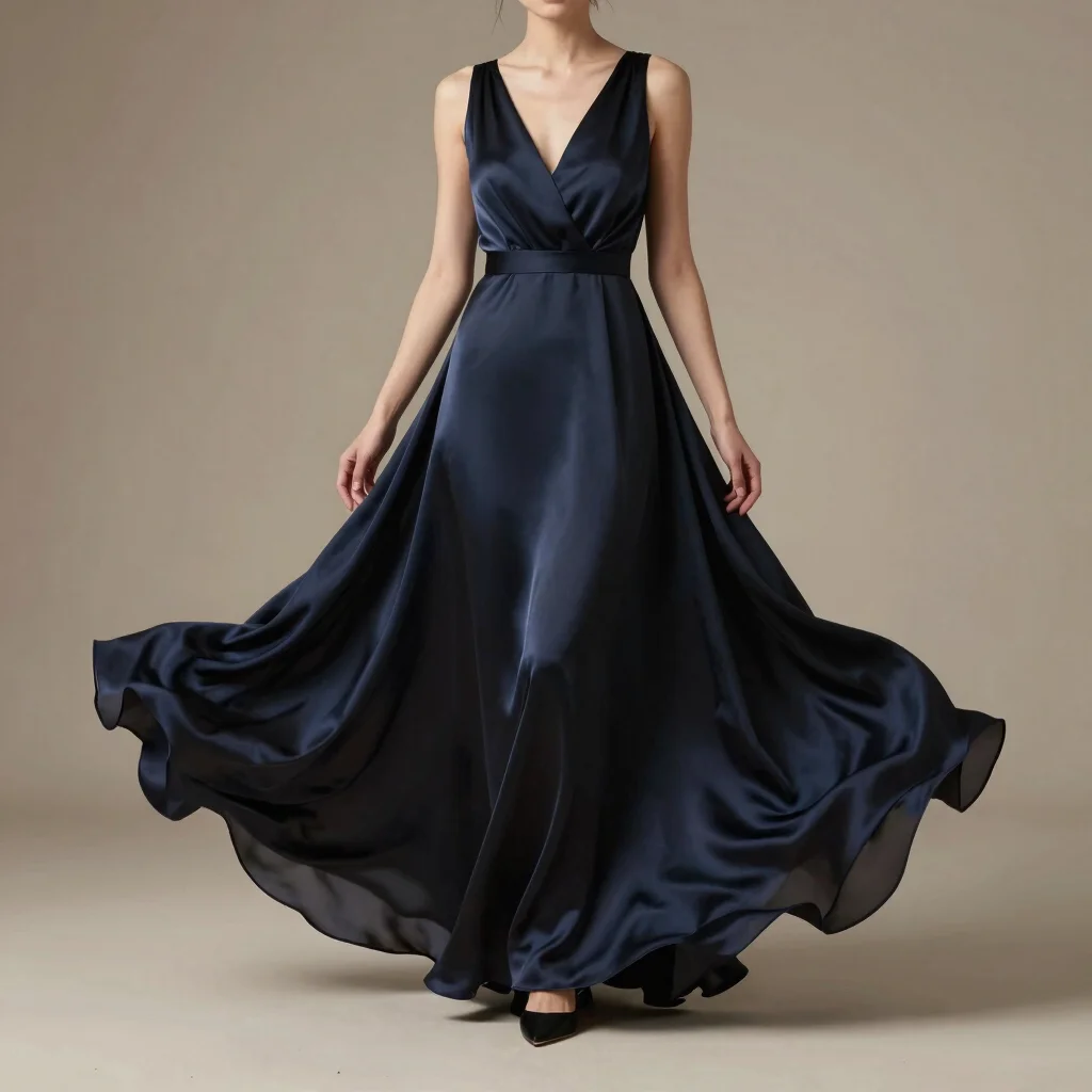 Flowing evening gown in deep obsidian silk captured in soft direc