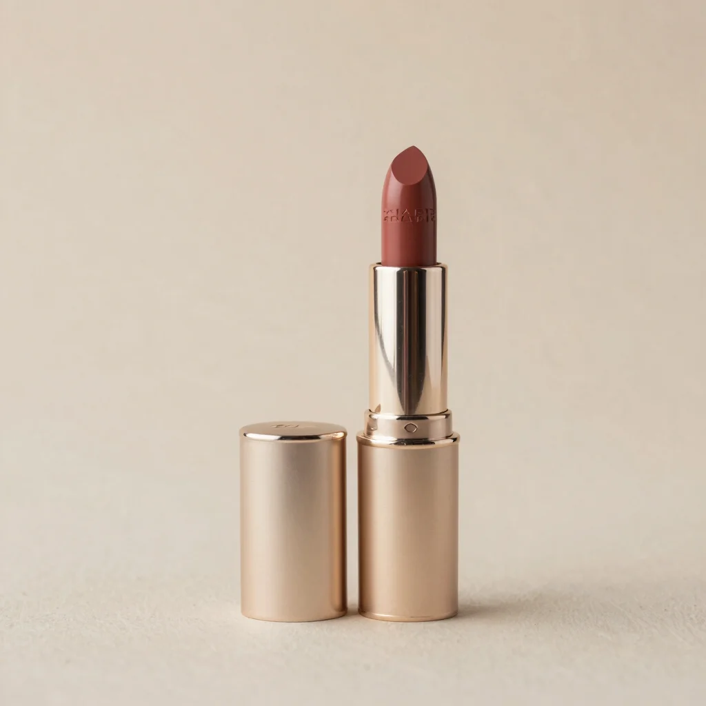 Hydrating vegan lipstick in a sleek metallic case with warm neutr