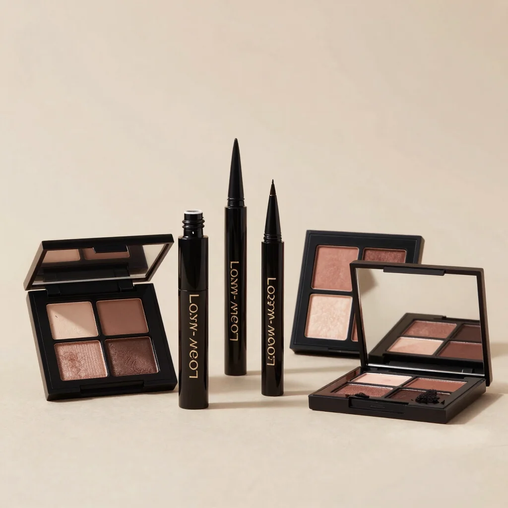 Long-wear eyeliner and rich eye shadow palettes arranged with ref