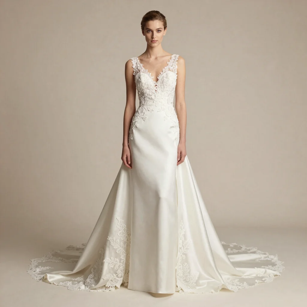 High-fashion editorial shot of a pristine silk wedding gown with