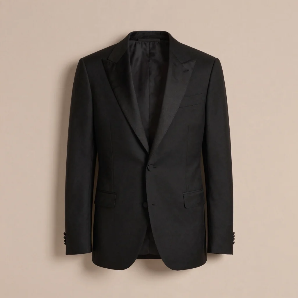 Tailored black tuxedo jacket styled on a clean neutral background